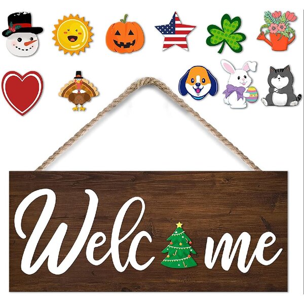 The Holiday Aisle Interchangeable Welcome Sign Front Door Decor Rustic   Interchangeable Welcome Sign Front Door Decor%2CRustic Farmhouse Welcome Sign With 12 Changeable Holiday Icons For Seasonal Outdoor Hanging Decoration 